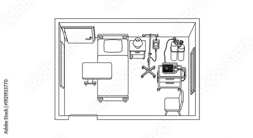 Medical room layout with equipment and furniture for patient care and treatment.