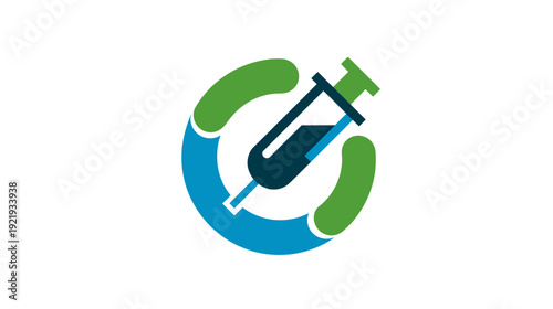 A medical illustration showing a syringe inside a circular design composed of blue and green elements