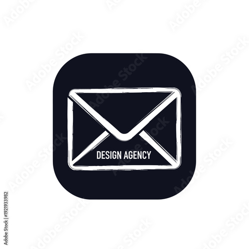 An envelope icon with "Design Agency" text, in a rounded rectangle on a black background