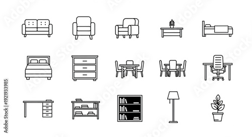 Collection of hand-drawn furniture icons for interior design.