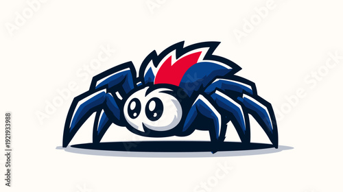 A cartoon spider mascot with dark blue body and legs, red and blue crest, and white eyes