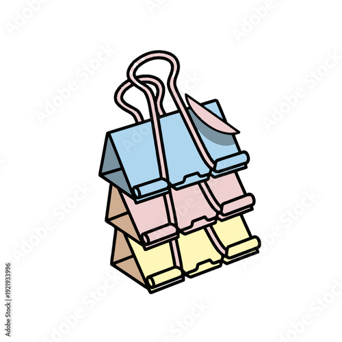 A stack of three colorful binder clips in blue, pink, and yellow