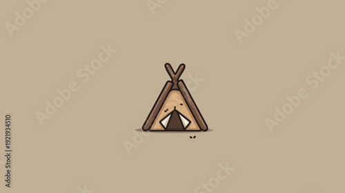 A minimalist illustration of a cartoon teepee against a beige backdrop with a playful expression