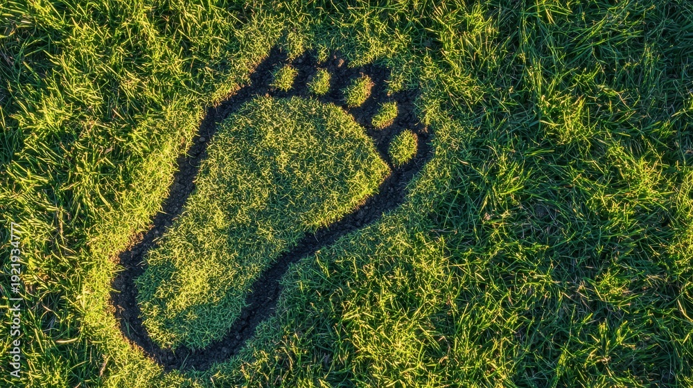 Fototapeta premium A dark footprint silhouette pressed into lush green grass under soft sunlight, representing ecological impact and environmental awareness.