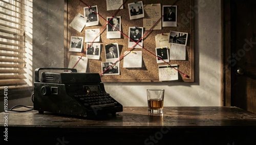 Noir detective office background with corkboard and red string for true crime podcasters.