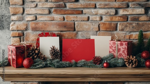 Blank Christmas Cards Displayed on a Wooden Mantle with Festive Garland and Natural Light