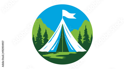 A circular illustration of a tent in the mountains with trees and a flag