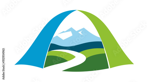 Colorful logo depicting a tent structure framing a mountainous landscape with a winding path