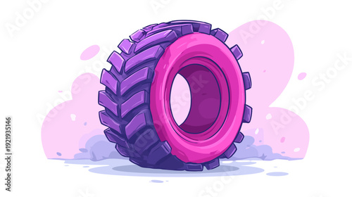 A stylized cartoon illustration of a large tire in a purple and pink color scheme