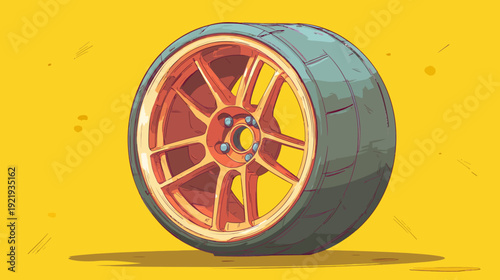 Pixelated artwork showcasing a car wheel with a tire against a bright yellow background