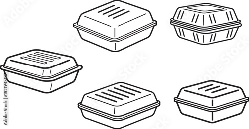 Collection of outlined disposable takeout food containers with vented lids, perfect for meal prep or delivery services