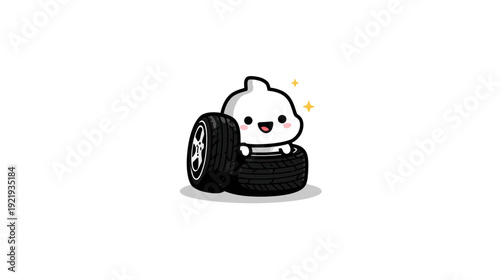 Cute, smiling cartoon figure sitting in tires, with sparkle effect and shadow, on a white background
