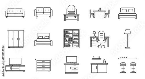 Collection of hand drawn furniture sketches for interior design.