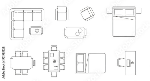 Top view furniture layout plans for interior design.