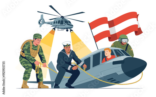 A vector graphic illustration of military personnel and a pilot rescuing people from a crashed airplane under a helicopter with a flag