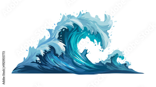 A stylized illustration depicting a large ocean wave cresting with vibrant shades of blue