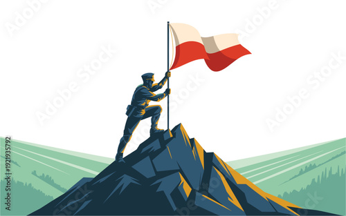 A vector graphic illustration of a triumphant man standing on a mountain peak waving a flag
