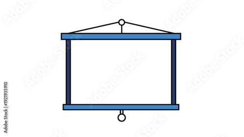 Simple graphic of a blank white projection screen with a blue frame and hanging mechanism isolated on a plain white background.