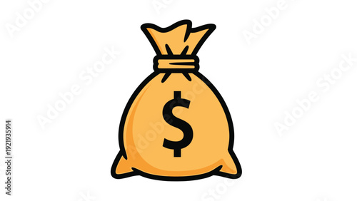 Simple cartoon illustration of a golden-yellow money bag tied at the top with a prominent black dollar sign on the front.