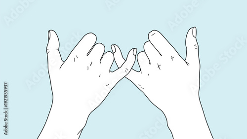 Line drawing of two hands with their pinky fingers hooked together against a light blue background to represent a solemn promise or trust.