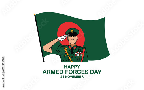A vector graphic illustration of a soldier saluting in front of a flag on Armed Forces Day