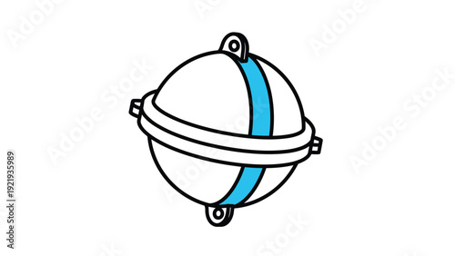 Simple graphic of a spherical white buoy with a blue stripe and metal loops on the top and bottom against a white background.