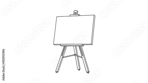 Black and white line drawing of a wooden artist's easel holding a blank white canvas shown in a three-quarter perspective.