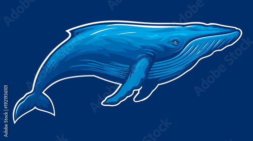 A stylized illustration depicting a blue whale swimming in a vibrant, deep-blue ocean