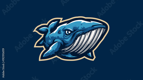 A detailed blue whale illustration, with a light tan outline, set against a dark blue background