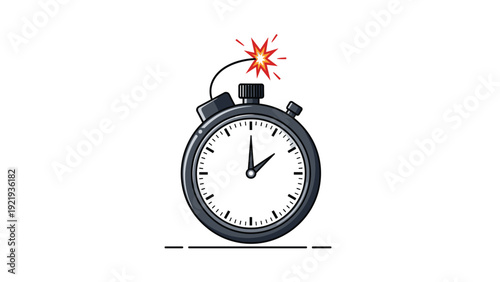 Dark grey stopwatch featuring a lit fuse with a burning spark on top to represent a deadline, time pressure, or a ticking bomb.