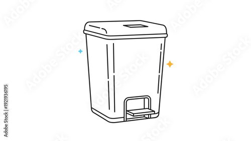 Clean black and white line art of a rectangular kitchen trash can with a foot pedal and small decorative sparkles on the sides.