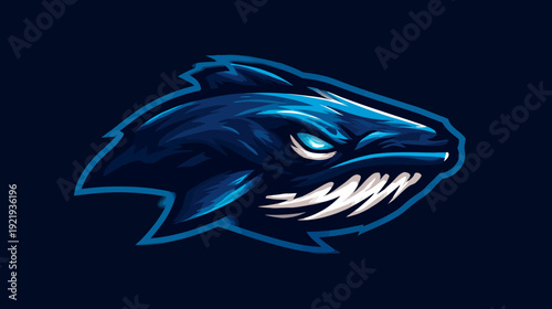 A stylized shark's head, predominantly blue with white teeth and glowing eyes, on a dark background