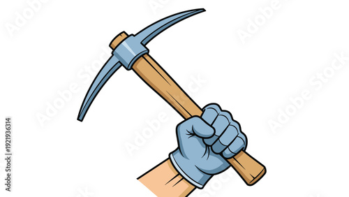 Muscular arm in a blue glove firmly gripping a wooden-handled pickaxe against a white background representing manual labor or mining.