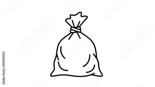Simple black and white line drawing of a tied canvas sack or heavy bag used for storage and carrying various agricultural or industrial goods.