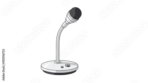 Modern gray desk microphone on a circular stand used for broadcasting recording or online communication during professional meetings.