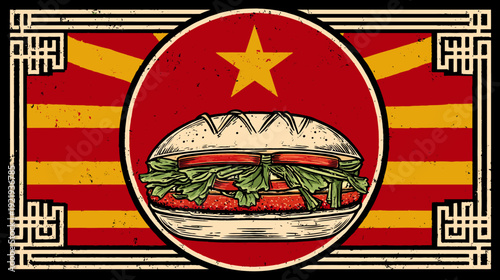 A retro illustration features a burger inside a circle with a star and striped background