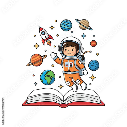 Astronaut emerges from an open book surrounded by planets and a rocket.