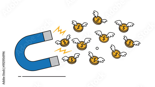 Large blue magnet pulls in several flying gold coins with wings representing the attraction of wealth and financial prosperity.