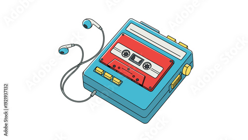 Blue vintage portable cassette tape player with red tape inside and white headphones represents eighties music and pop culture.