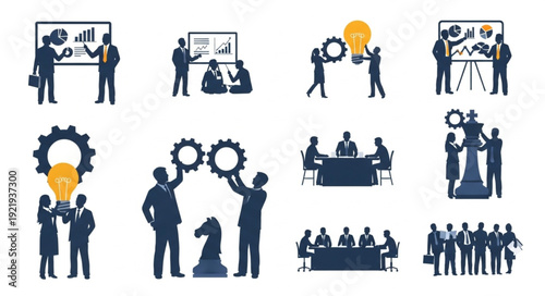 Business Meeting and Strategy Icons Silhouette Collection.