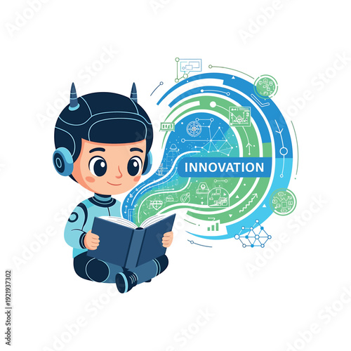Illustration of a child robot reading, surrounded by innovation symbols and diagrams, representing futuristic learning and technology integration.