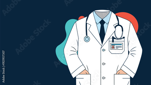 Torso of a medical professional wearing a white lab coat with a stethoscope and id badge ready for expert healthcare service.