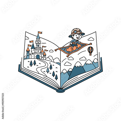 A cartoon character flies on a magic carpet from an open book with a castle and mountains.