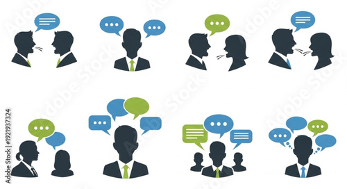 Business People Communicating Through Speech Bubbles Icons Set.