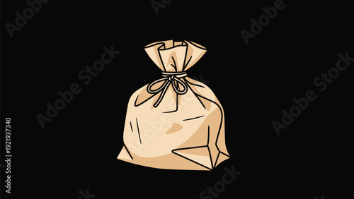 Tan canvas or burlap sack tied at the top with a string stands against a black background used for storing industrial goods.