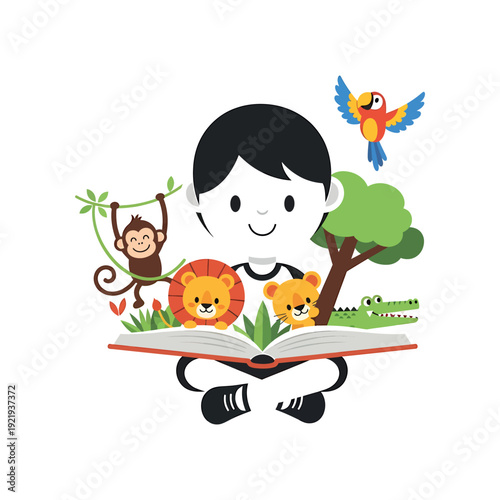 A child reads an open book with animals around.