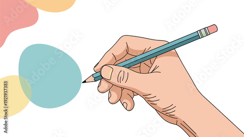 Human hand holds a blue pencil and draws on a white background with colorful abstract shapes representing artistic creativity.