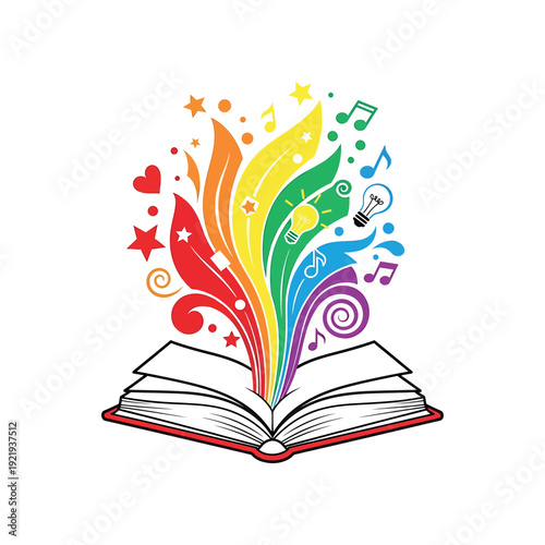 An open book with colorful symbols and icons emerging from the pages on a white background.