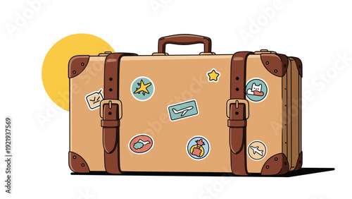 Tan vintage suitcase with leather straps and colorful travel stickers for vacation, holiday, and global adventure trip concepts.