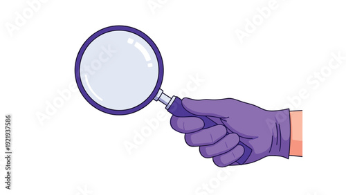 Hand wearing a purple protective latex glove holding a magnifying glass for forensic investigation or medical laboratory inspection.